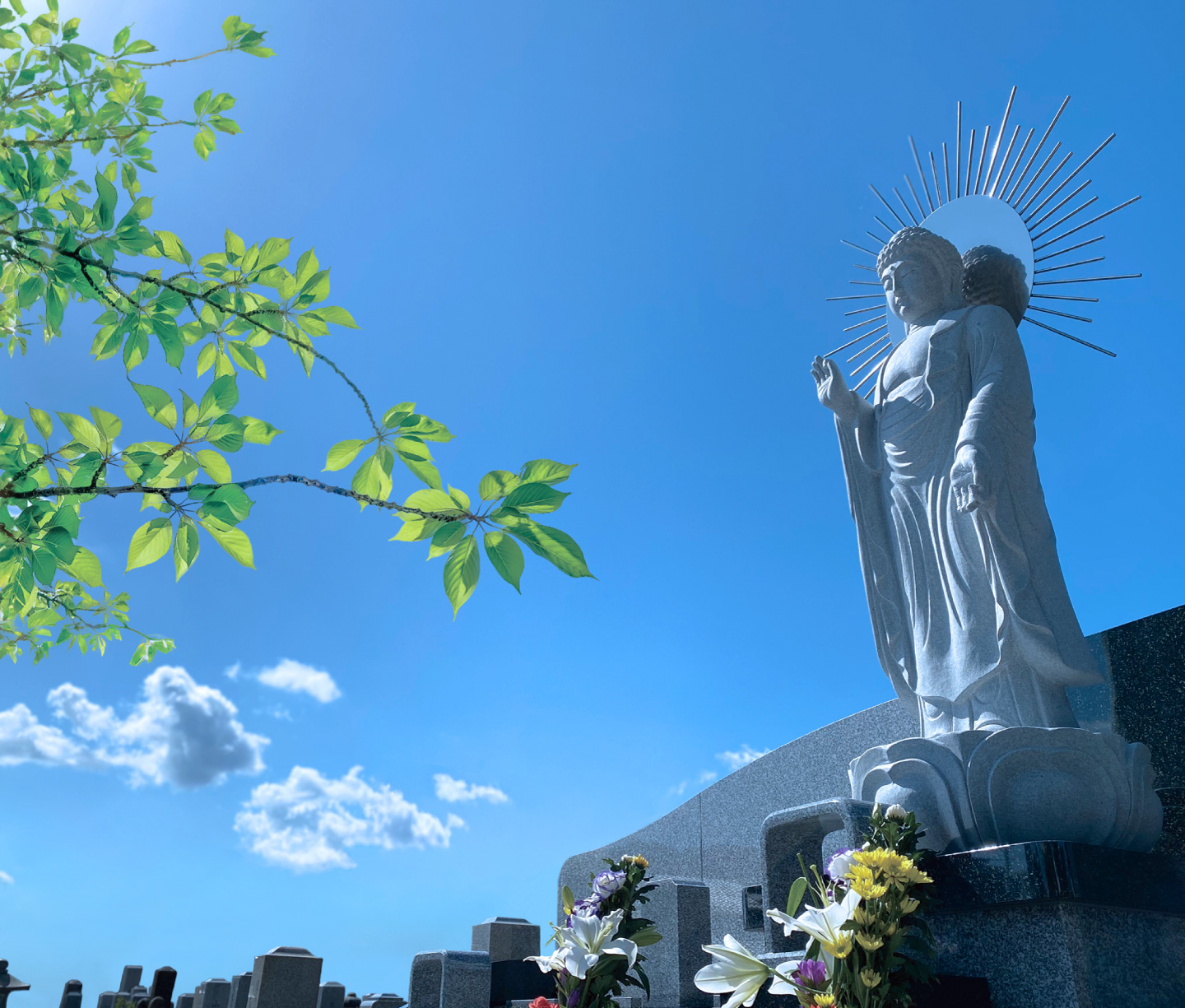 境内に建つ大樹クスノキのもとの永代納骨墓と青空